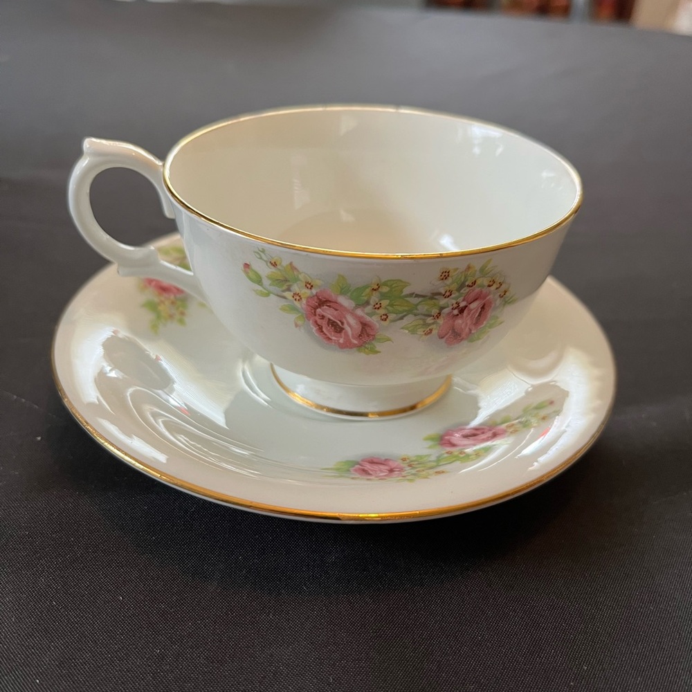 Floral Teacup and Saucer Set with Gold Trim